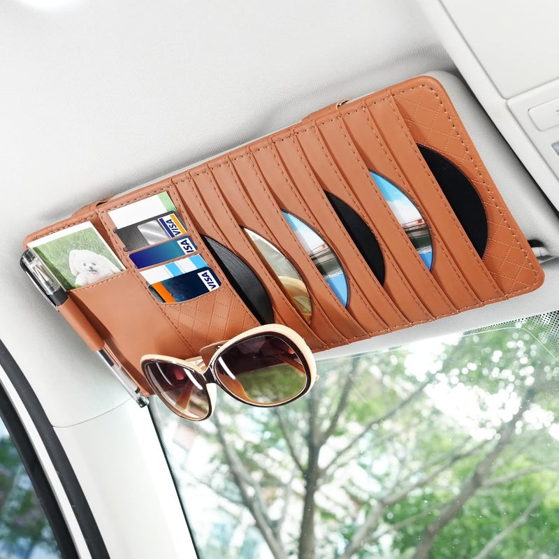 alpmosn Sun Visor CD Case Holder for Car - Multi-Function Visor Organizer with CD/DVD Storage, Eyeglass Clip, Card Slots & Pen Holder, Durable Leather Car Accessories (Orange) - Image 1